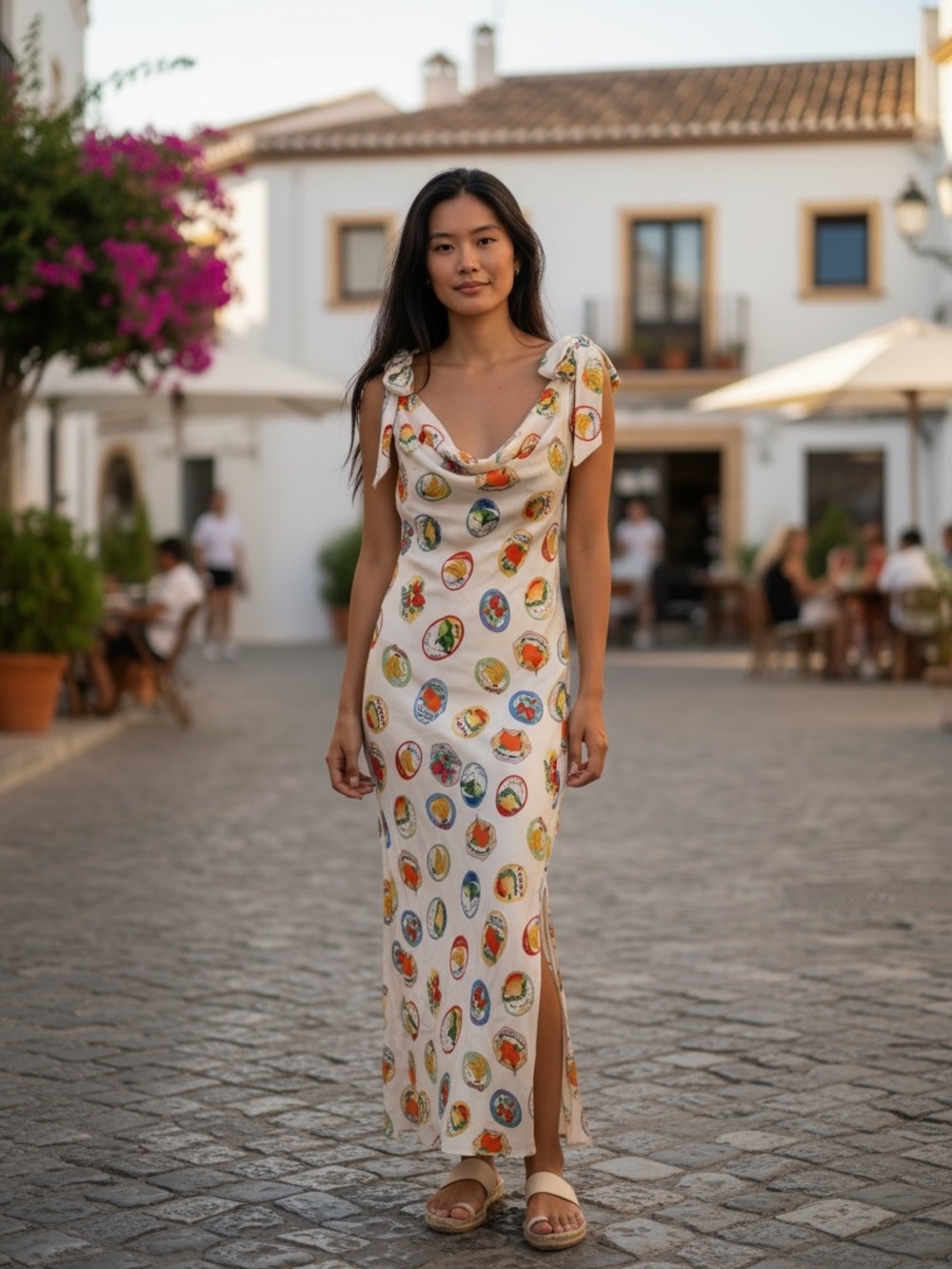 🌞 ASTR The Label Fruit Print Satin Maxi Dress – NWT – Size Large 🍊🍓🍋
